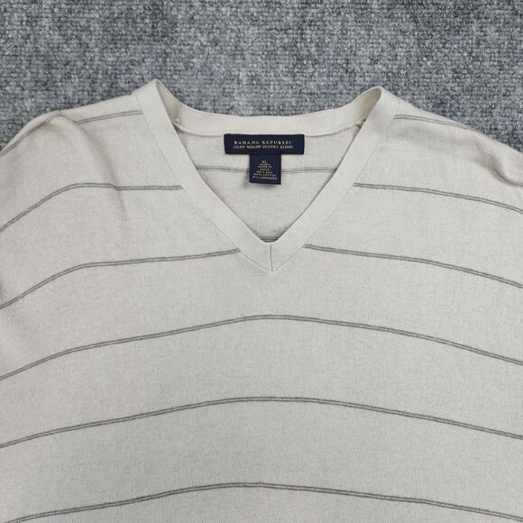 Banana Republic Sweater Mens XL Gray Striped Silk Cashmere Blend V Neck Preppy - Picture 11 of 16